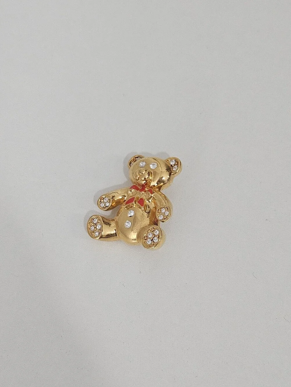 Monet Gold Tone Teddy Bear Red Bow Crystal Vintage Brooch Pin